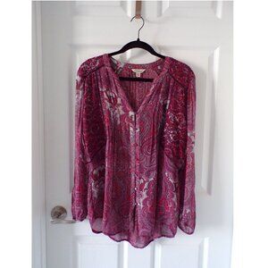 Lucky Brand Red & Blue Sheer Long Sleeve Paisley Printed Top Size Medium